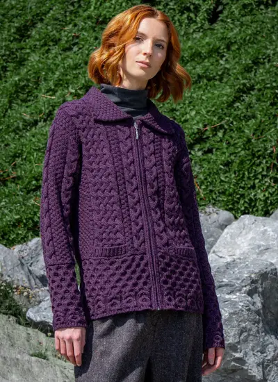 Front view Grace Full Zip Aran Cardigan in Purple Marl